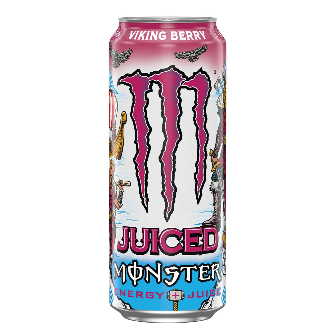 Monster Energy 500 ml vaaleanpunaisessa ja sinisessä viikinkiaiheisessa tölkissä, makuna Viking Berry., kuva 16/20