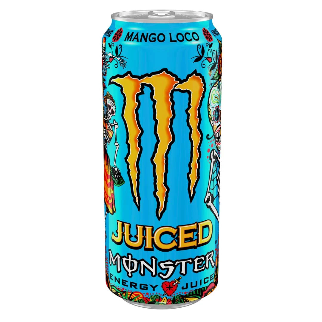 Monster Energy 500 ml vaaleansinisessä tölkissä, jossa on värikäs pääkallokuvio, makuna Mango Loco., kuva 18/20