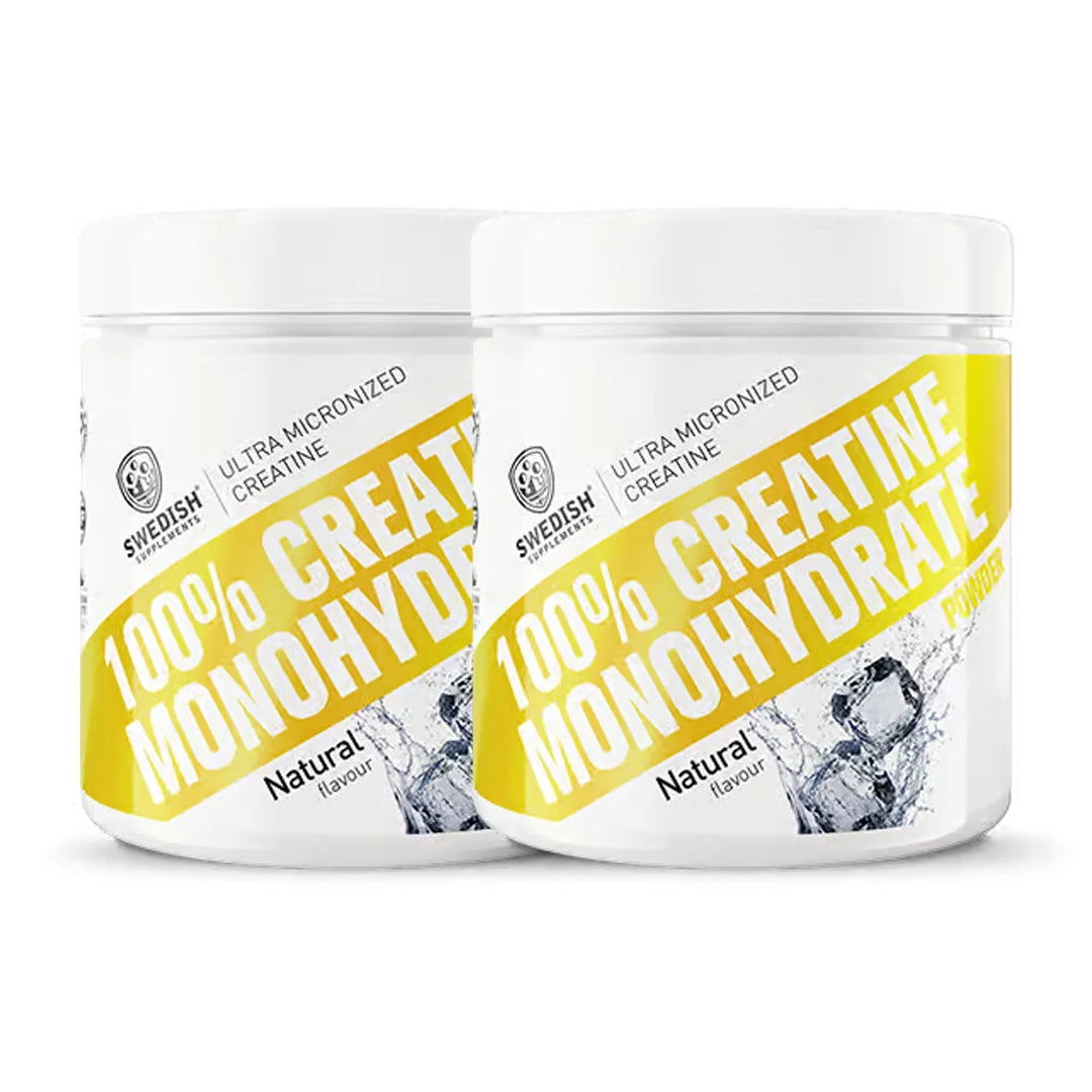 2 x Swedish Supplements Creatine Monohydrate 250 g valkoisissa purkeissa keltaisilla yksityiskohdilla, makuna Natural.