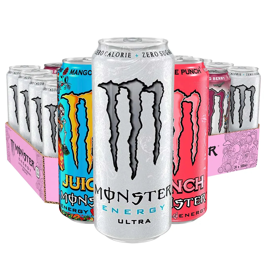 24 x Monster Energy 500 ml Mixflak täynnä useita värikkäitä energiajuomatölkkejä liilassa pahvilaatikossa., kuva 1/1