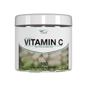 Viterna Vitamin C 100 caps, ett veganskt kosttillskott i en vit plastburk med gröna detaljer.