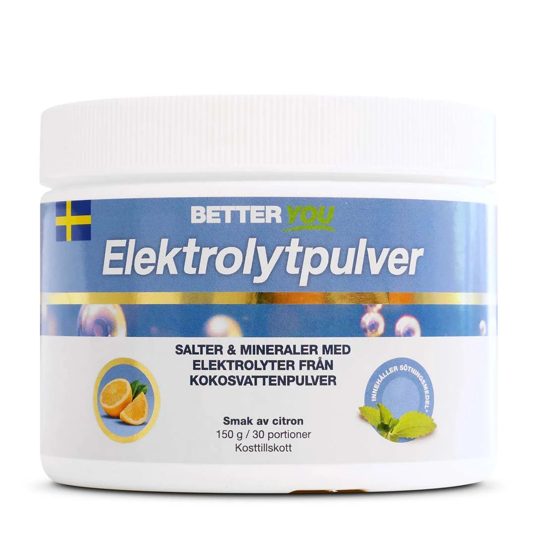Better You Elektrolyyttijauhe 150 g valkoisessa purkissa sinisellä etiketillä, makuna sitruuna.