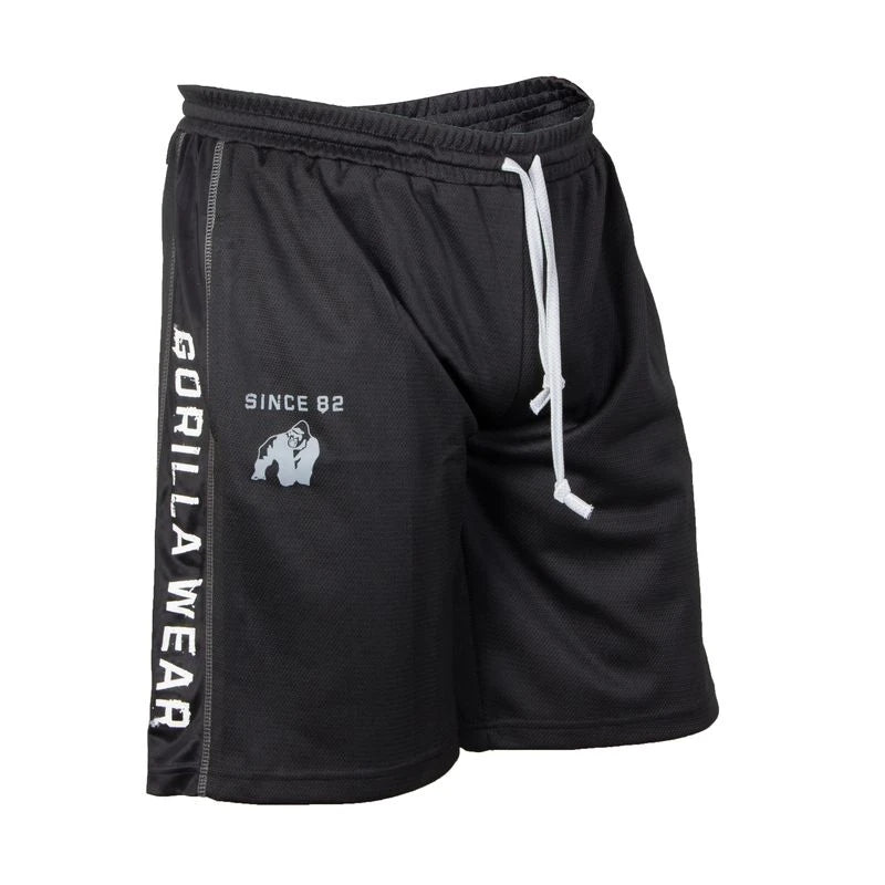 Mustat Gorilla Wear Functional Mesh Shorts -treenishortsit valkoisella kiristysnauhalla ja logoilla., kuva 4/4