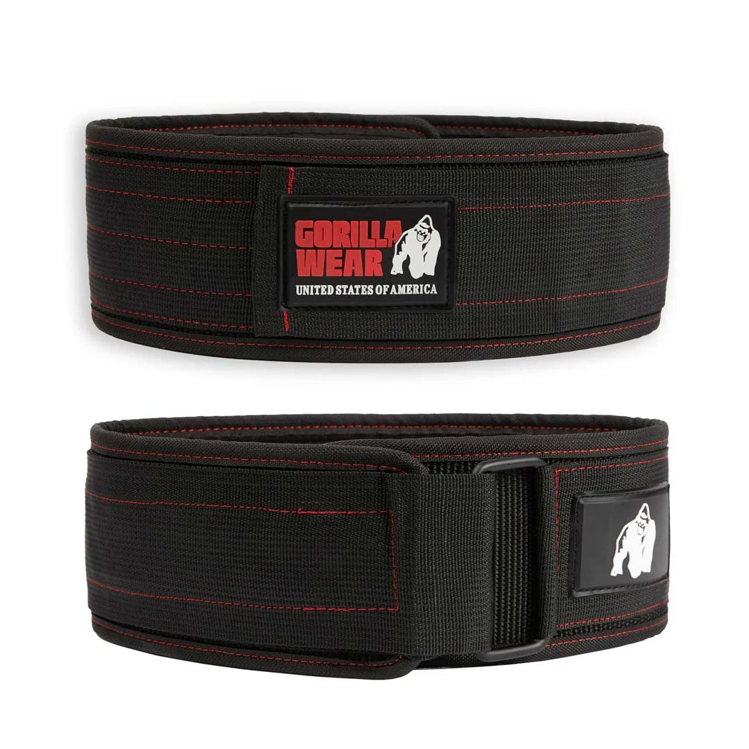 Musta nailoninen Gorilla Wear 4 Inch Nylon Belt Black/Red -nostovyö, jossa on punaiset tikkaukset, solki ja logo., kuva 3/3