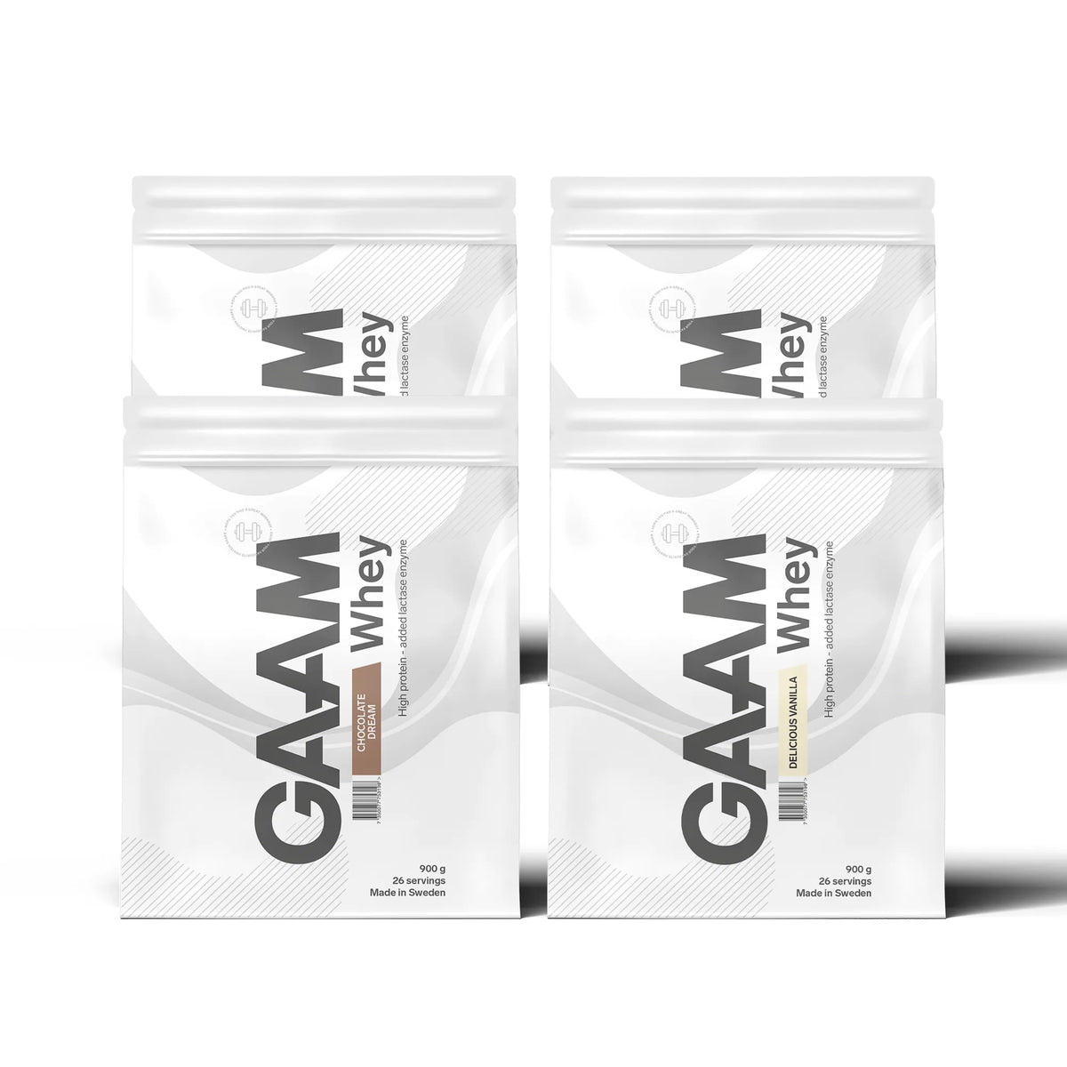 4 x GAAM Whey 900 g -proteiinijauhe neljässä valkoisessa pussissa, makuina Chocolate Dream ja Delicious Vanilla., kuva 1/1