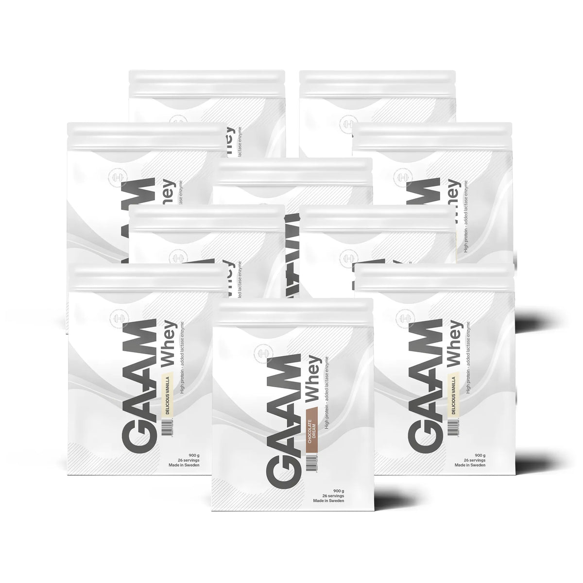 10 x GAAM Whey 900 g -proteiinijauhe kymmenessä valkoisessa pussissa harmailla yksityiskohdilla, useita eri makuja., kuva 1/1