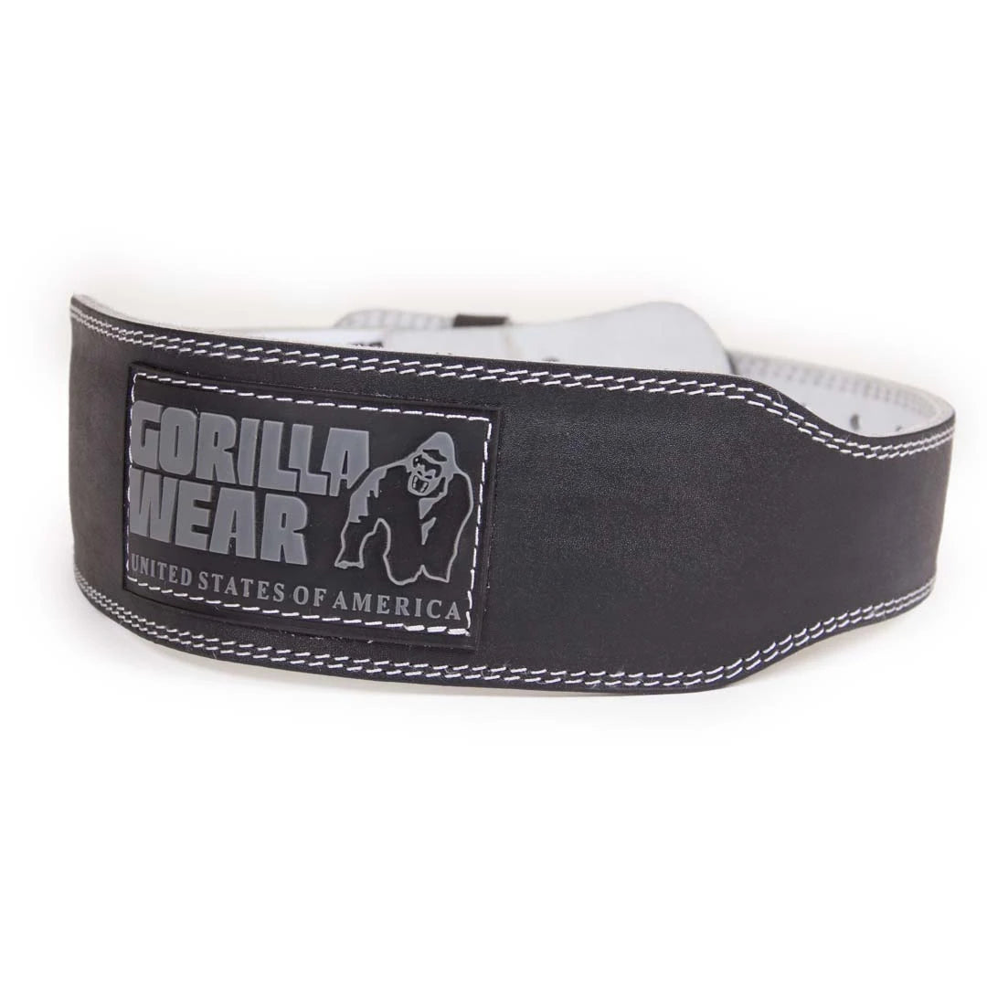 Musta nahkainen Gorilla Wear 4 Inch Padded Leather Belt Black -treenivyö valkoisilla tikkauksilla ja logolla., kuva 2/4