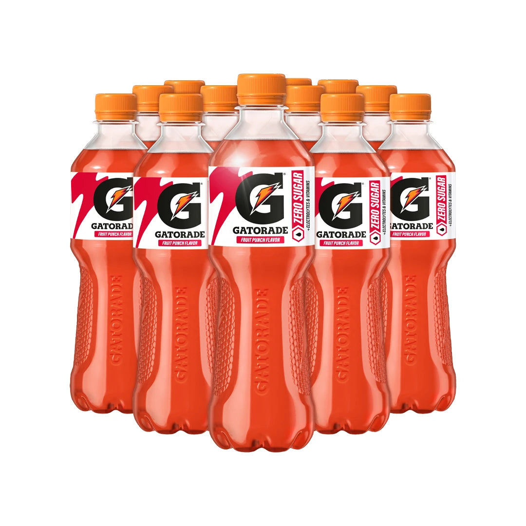 12 x Gatorade 500 ml Fruit Punch Zero läpinäkyvissä muovipulloissa, joissa on punaista urheilujuomaa ja oranssi kierrekorkki., kuva 1/1