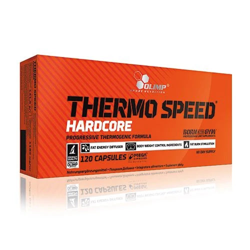 Olimp Thermo Speed Hardcore 120 caps -rasvanpolttaja oranssissa pahvirasiassa mustavalkoisilla tekstiyksityiskohdilla., kuva 1/1
