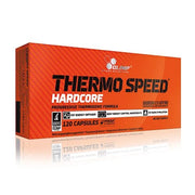 Olimp Thermo Speed Hardcore 120 caps -rasvanpolttaja oranssissa pahvirasiassa mustavalkoisilla tekstiyksityiskohdilla.