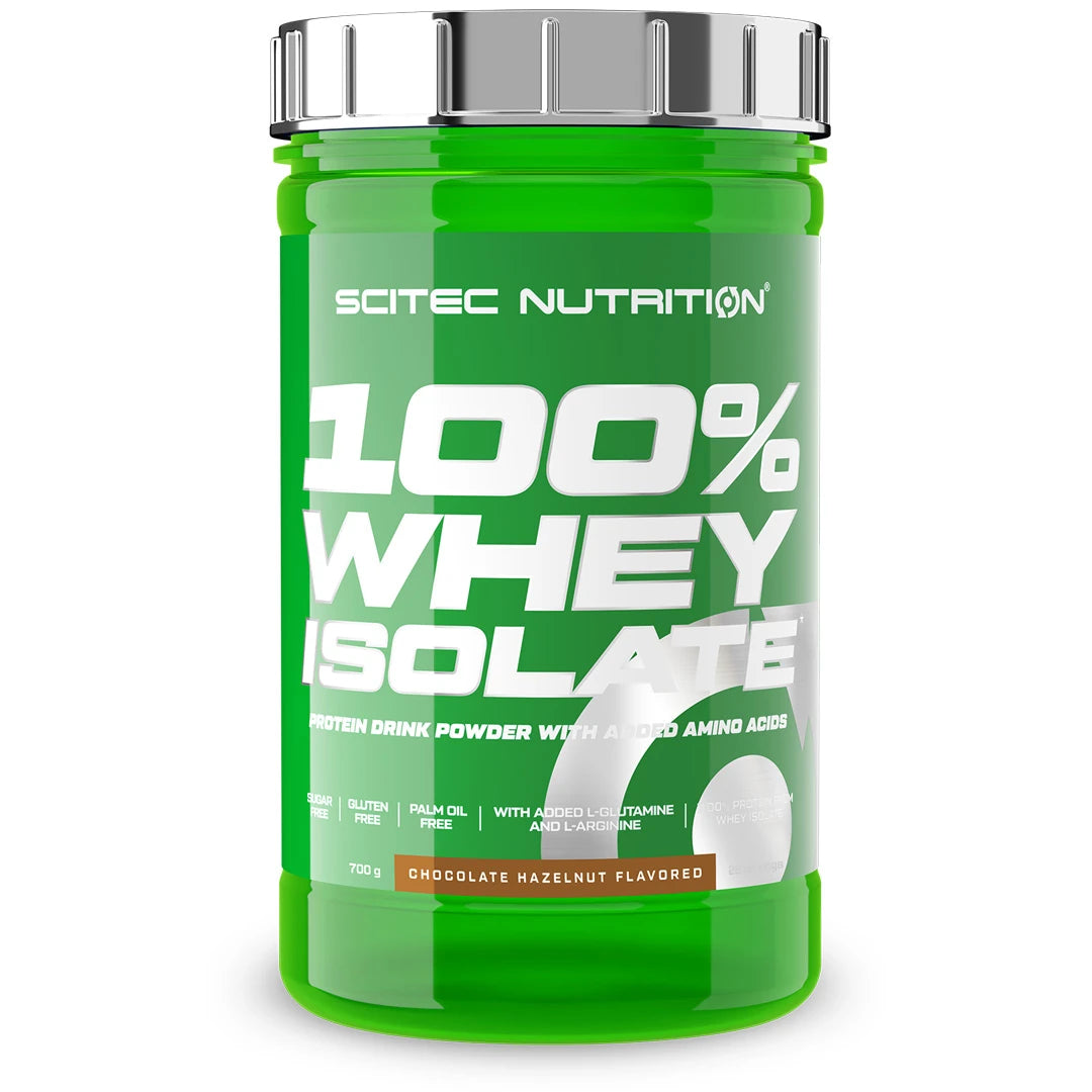 Scitec Nutrition 100% Whey Isolate 700 g -proteiinijauhe vihreässä purkissa hopeisella kannella, makuna suklaa-hasselpähkinä., kuva 4/7