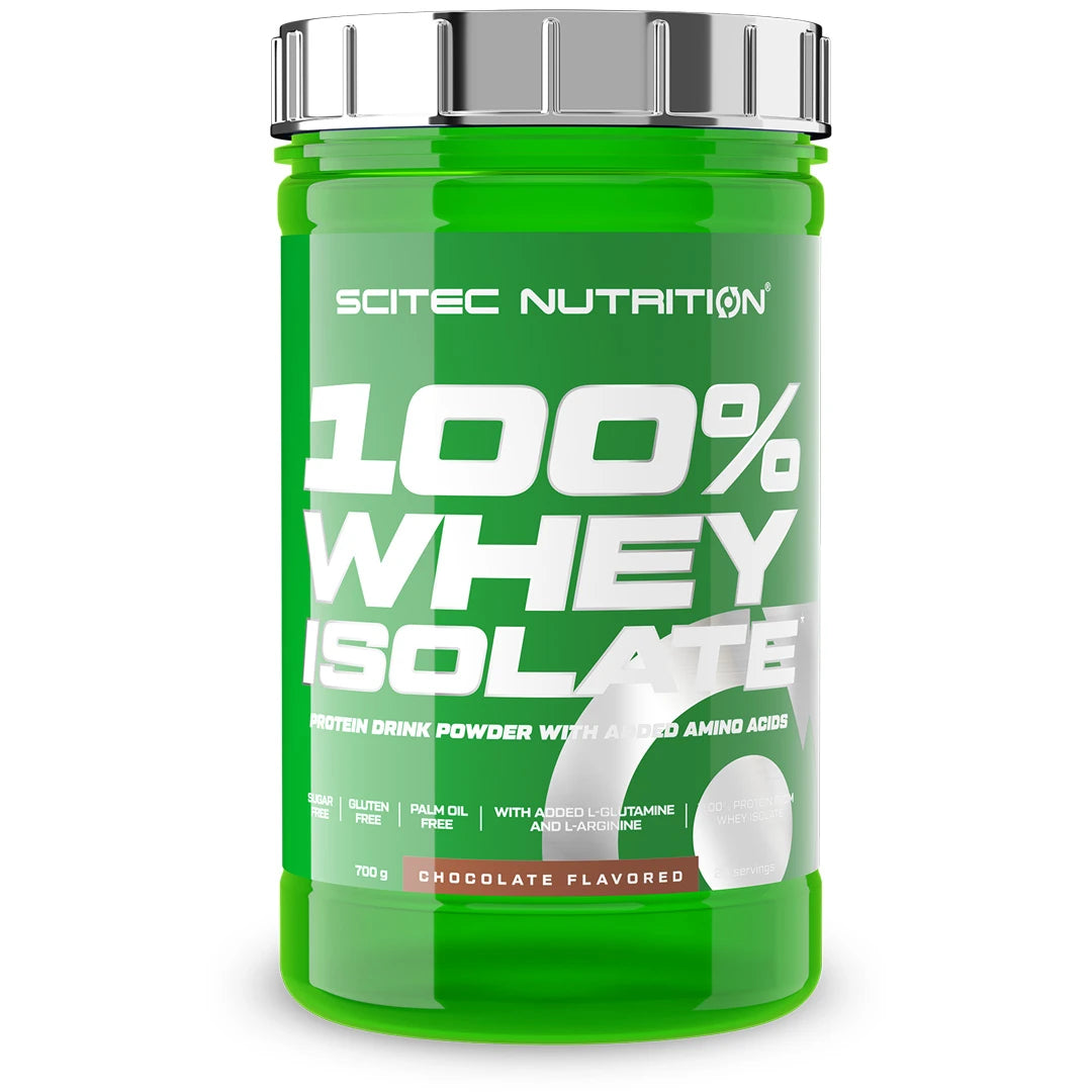 Scitec Nutrition 100% Whey Isolate 700 g -proteiinijauhe vihreässä, hopeakantisessa purkissa, makuna Chocolate., kuva 5/7