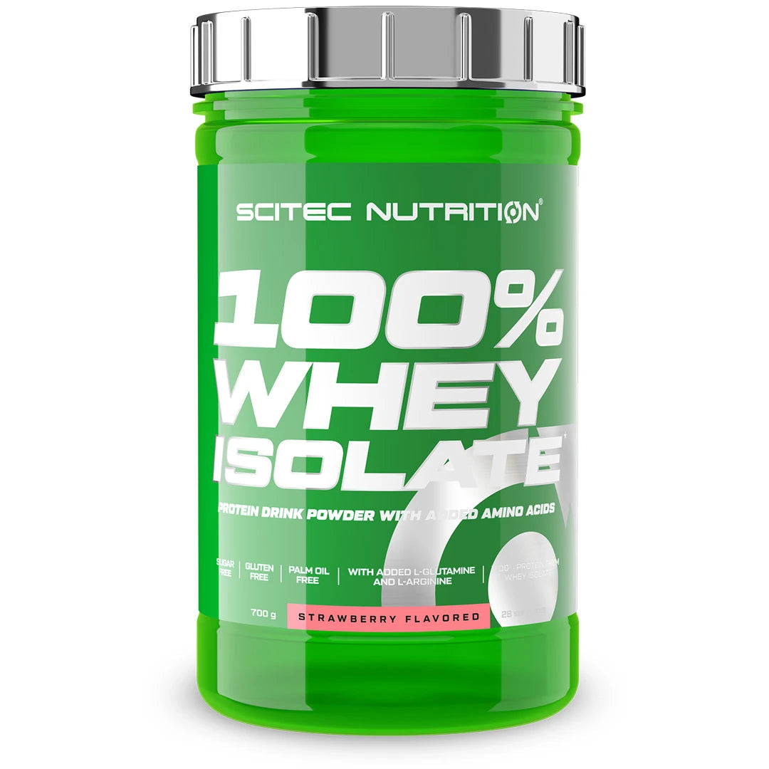 Scitec Nutrition 100% Whey Isolate 700 g -proteiinijauhe vihreässä purkissa hopeisella kannella, makuna Strawberry., kuva 6/7