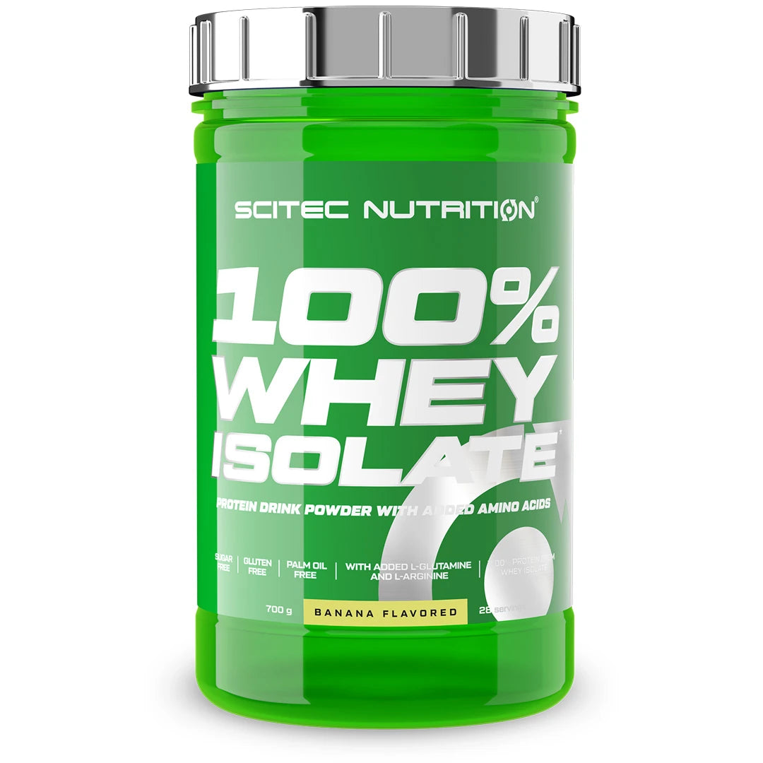 Scitec Nutrition 100% Whey Isolate 700 g -proteiinijauhe vihreässä purkissa hopeisella kannella, makuna Banana., kuva 1/7