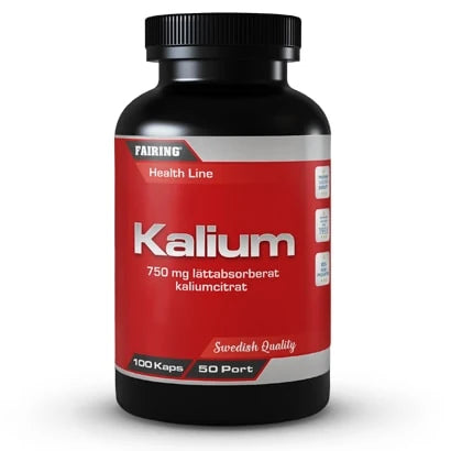 Musta purkki Fairing Kalium 100 caps -kivennäisainelisää punaisella etiketillä ja hopeisilla yksityiskohdilla., kuva 1/1