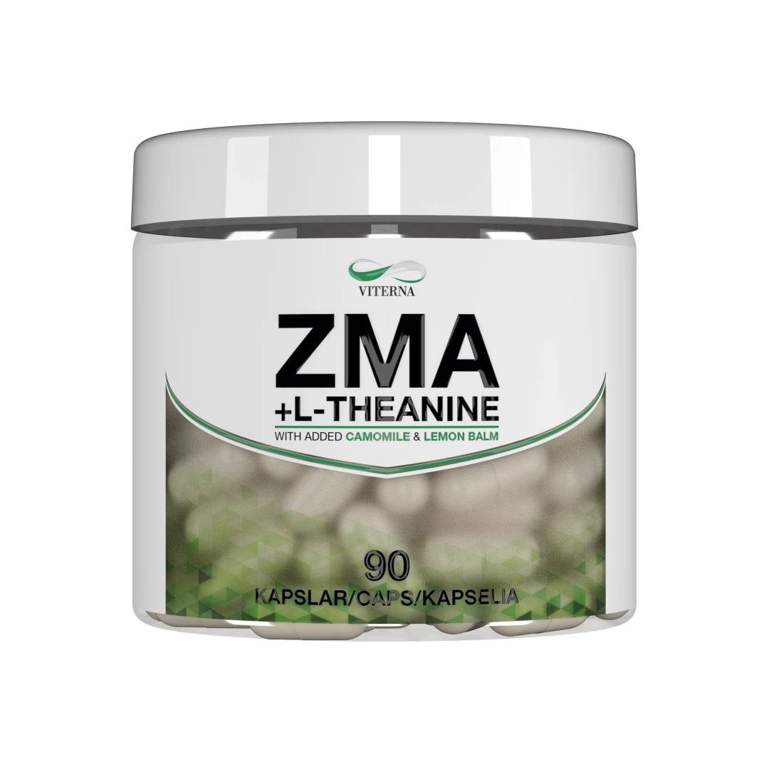 Viterna Vital ZMA + L-Theanine 90cps -ravintolisä valkoisessa purkissa vihreillä yksityiskohdilla., kuva 1/1