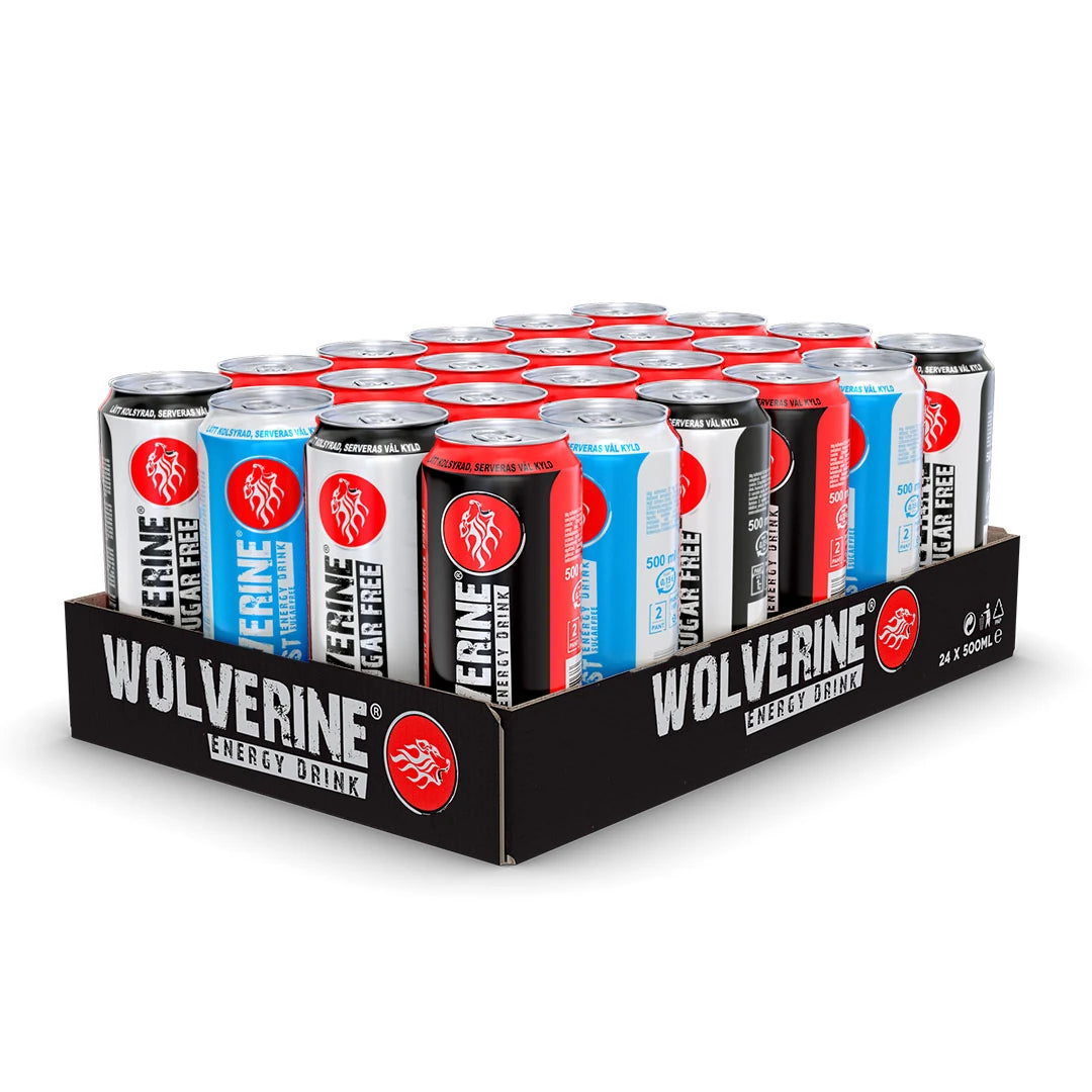 24 x Wolverine Energy Drink 500 ml Mixflak mustassa laatikossa valkoisia, sinisiä, punaisia ja mustia energiajuomatölkkejä., kuva 1/1