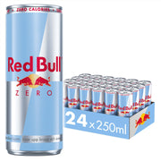 24 x Red Bull energiajuoma 250 ml ZERO laatikossa, jossa on hopean- ja vaaleansinisiä tölkkejä.