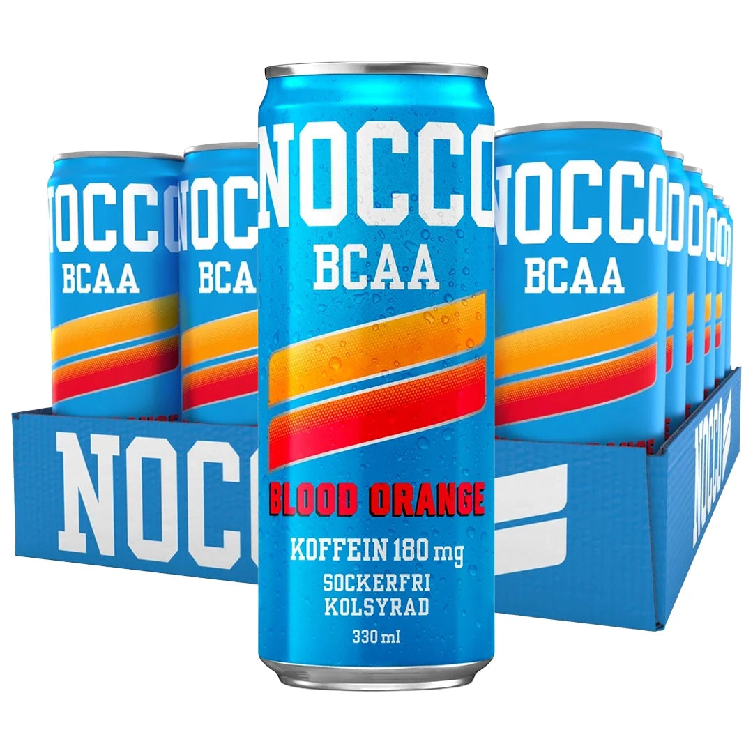 24 x NOCCO BCAA 330 ml Blood Orange sinisessä laatikossa yhteensopivilla tölkeillä ja puna-keltaisilla yksityiskohdilla., kuva 1/1