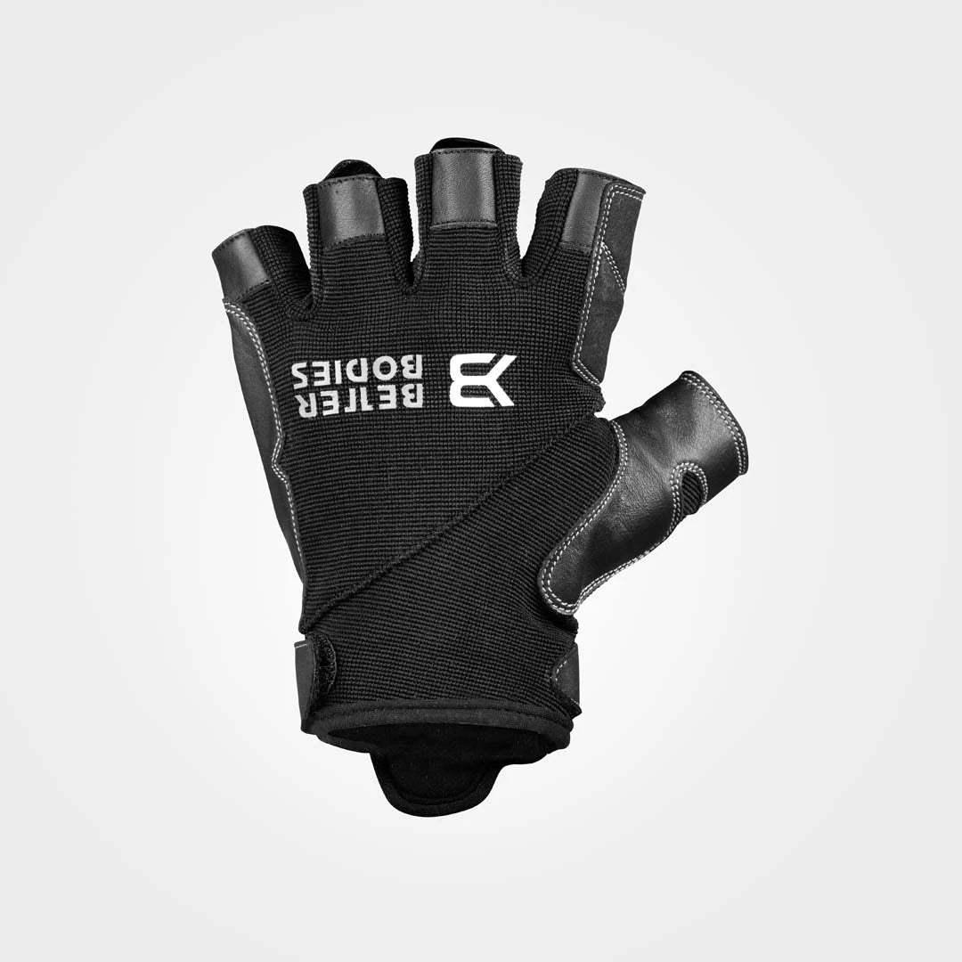 Mustat Better Bodies Pro Gym Gloves Black -treenihanskat puolisormilla, valkoisella logolla ja nahkayksityiskohdilla., kuva 5/5