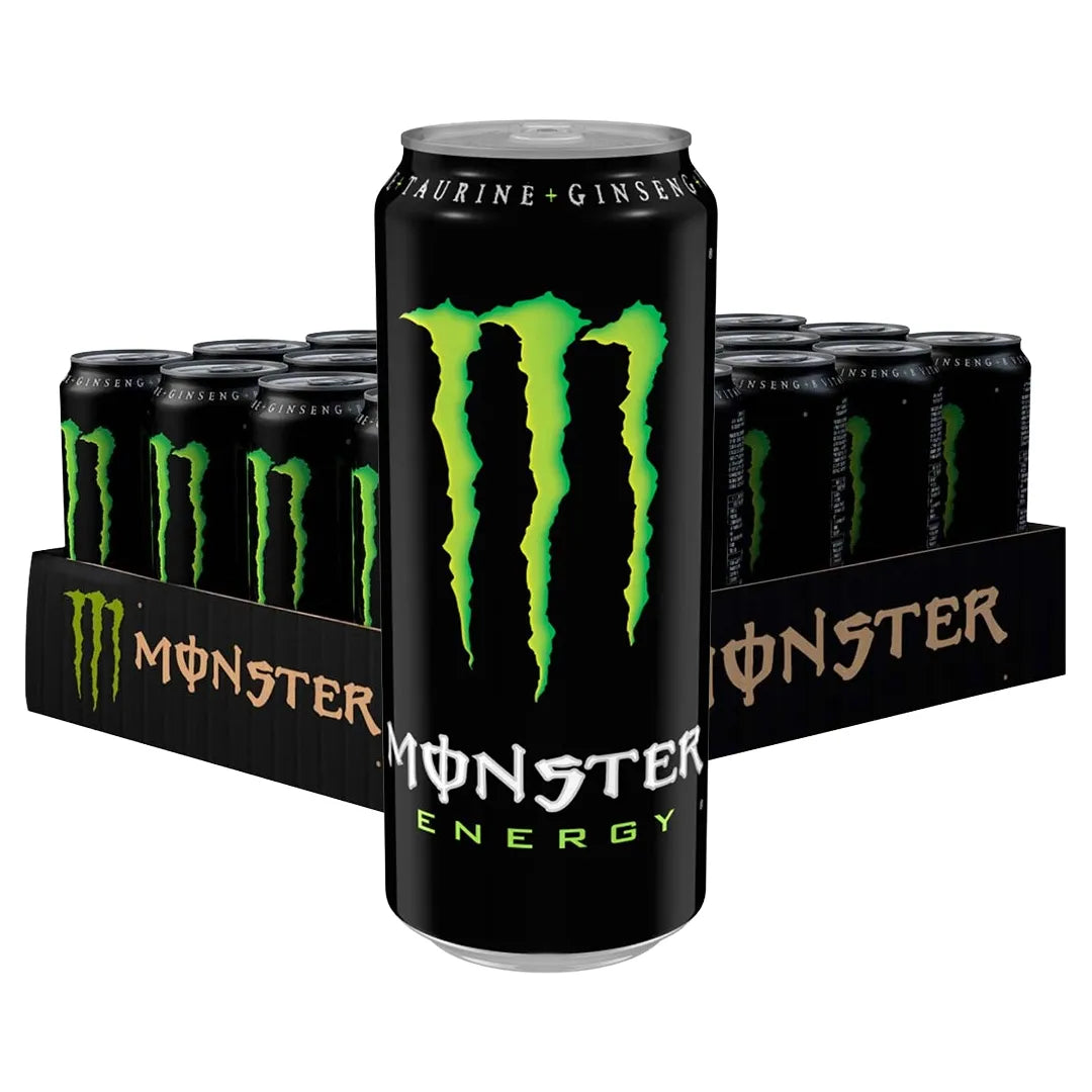 24 x Monster Energy 500 ml Original mustalla alustalla, jossa on mustia tölkkejä ja klassinen vihreä Monster-logo., kuva 1/1