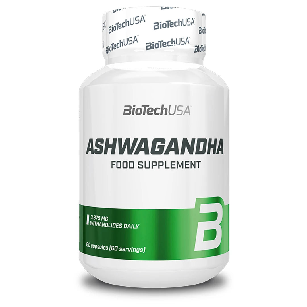 BioTechUSA Ashwagandha 60 caps -ravintolisä valkoisessa purkissa vihreillä yksityiskohdilla., kuva 1/1