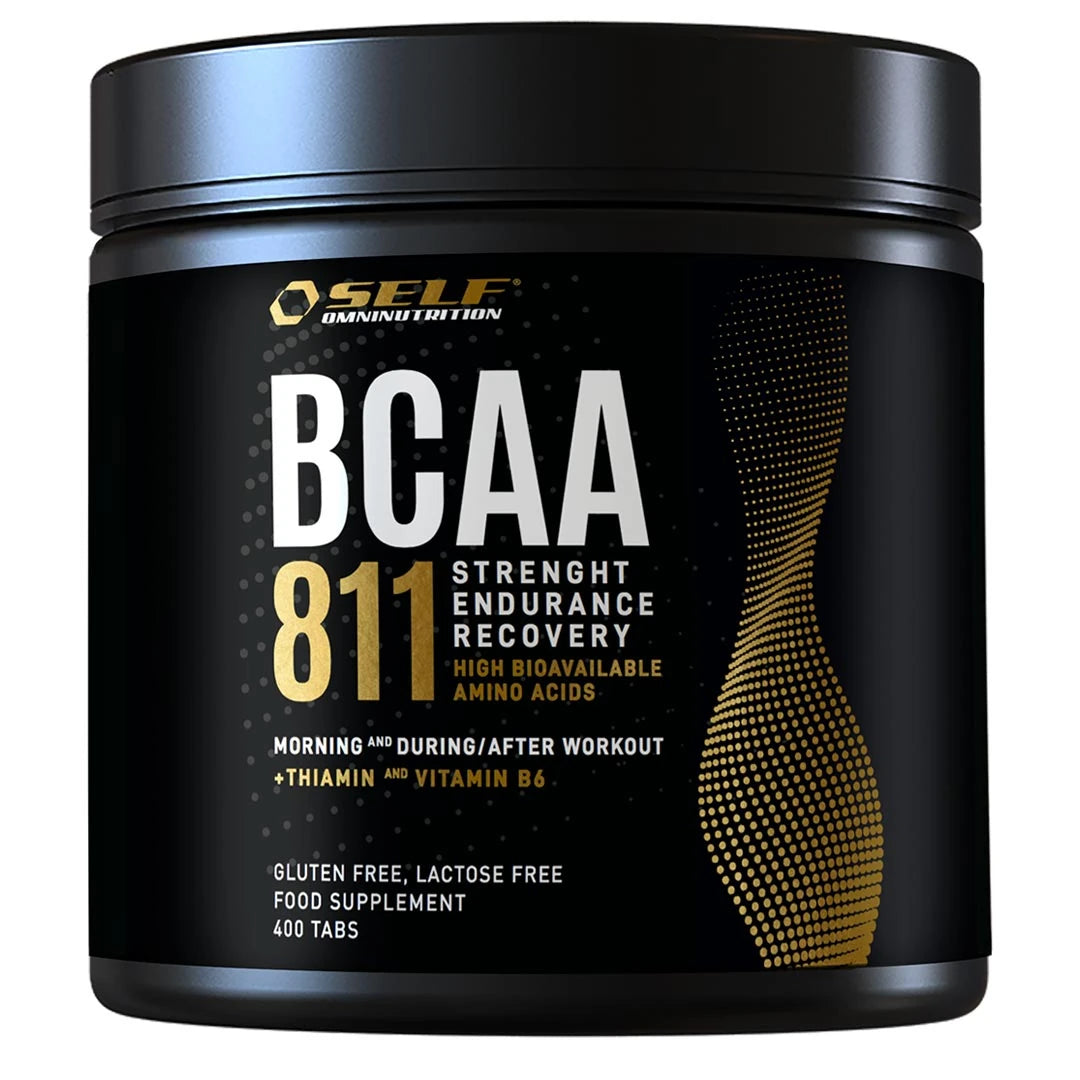 Self Omninutrition Essential BCAA 811 400 tabs förpackad i en svart burk med vita och guldiga detaljer., bild 1 av 1
