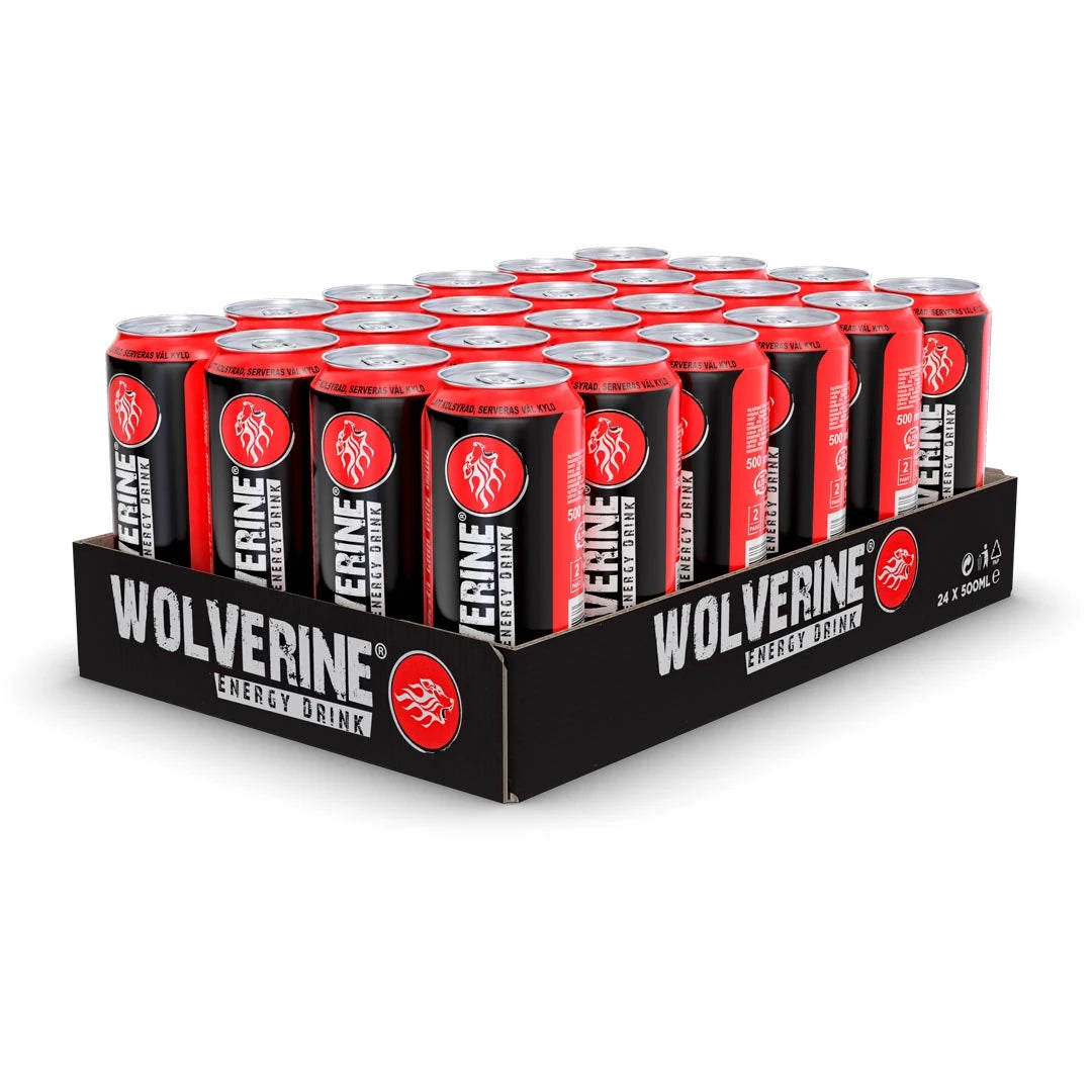 24 x Wolverine Energy Drink 500 ml Original mustassa laatikossa, mustat ja punaiset tölkit valkoisella leijonalogolla., kuva 1/1