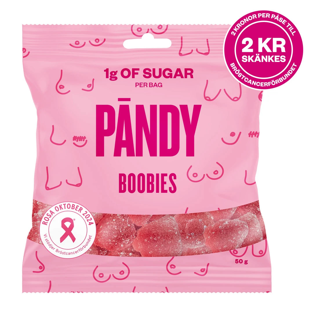 Pändy Candy 50 g Boobies vaaleanpunaisessa pussissa, jossa on Roosa nauha -logo ja näkyviä punaisia geelikarkkeja., kuva 1/1