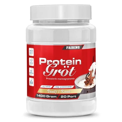 Fairing Proteingröt 1.4 kg, proteiinipitoinen mannaryynisekoitus valkoisessa muovipurkissa punaisella etiketillä, maku vanilja ja kaneli., kuva 1/2