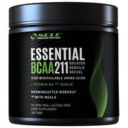 Self Omninutrition Essential BCAA 211 300 tabs -aminohapot mustassa purkissa, jossa on valkoisia ja vihreitä yksityiskohtia.