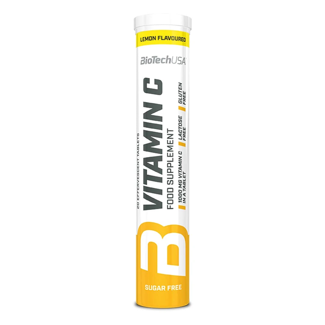 BioTechUSA Vitamin C Effervescent Orange 20 Tabs -poretabletit valko-keltaisessa tuubissa., kuva 1/1