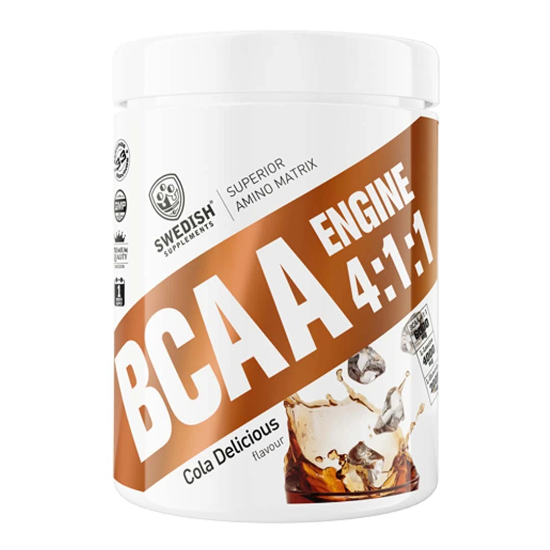 Valkoinen, ruskeasävyinen purkki Swedish Supplements BCAA ENGINE 4:1:1 400 g -aminohappojauhetta, makuna Cola Delicious., kuva 1/1