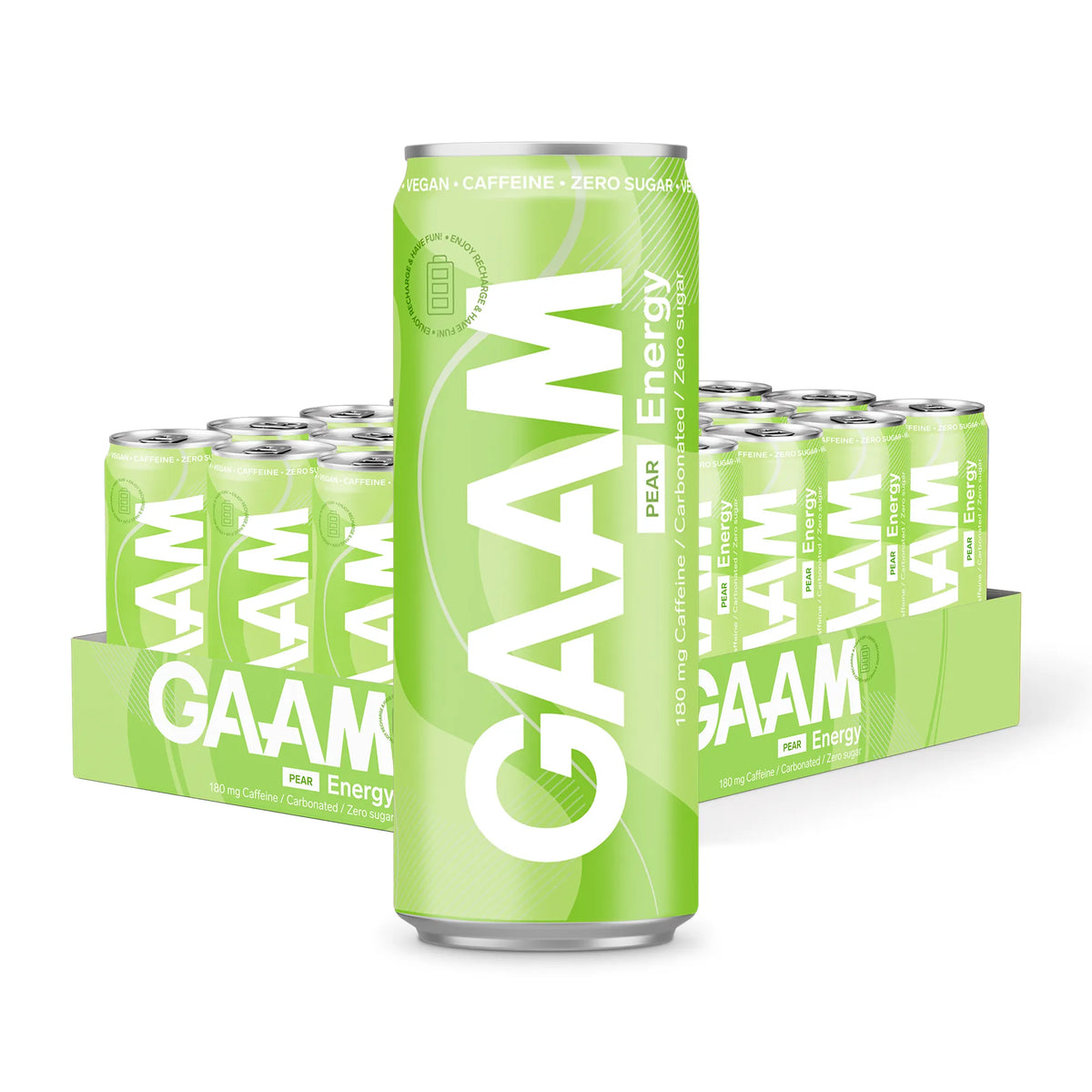 24 x GAAM Energy 330 ml Pear vaaleanvihreässä laatikossa vihreillä tölkeillä ja valkoisella tekstillä., kuva 1/1