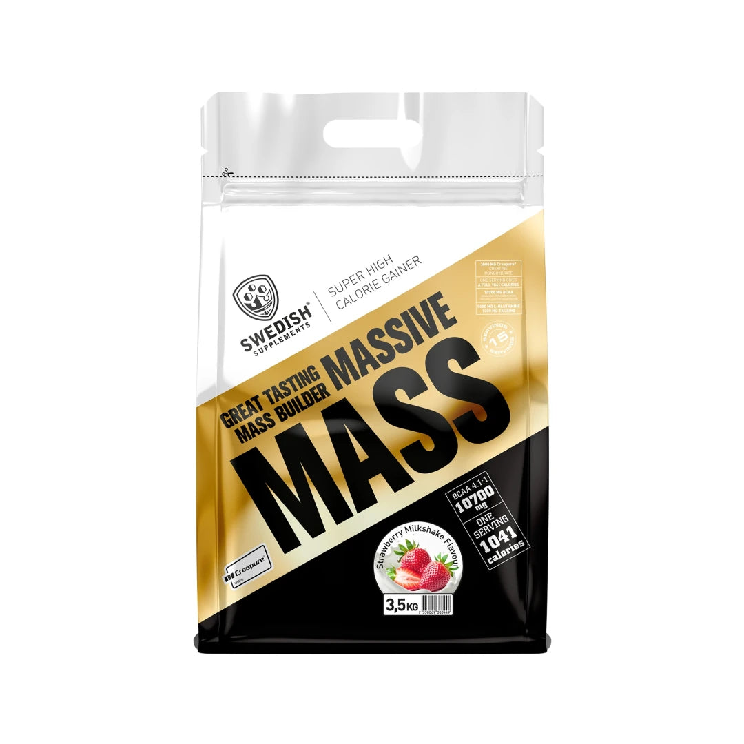 Swedish Supplements Massive Mass 3.5 kg -gainer valko-kulta-mustassa pussissa, makuna Strawberry Milkshake., kuva 1/1