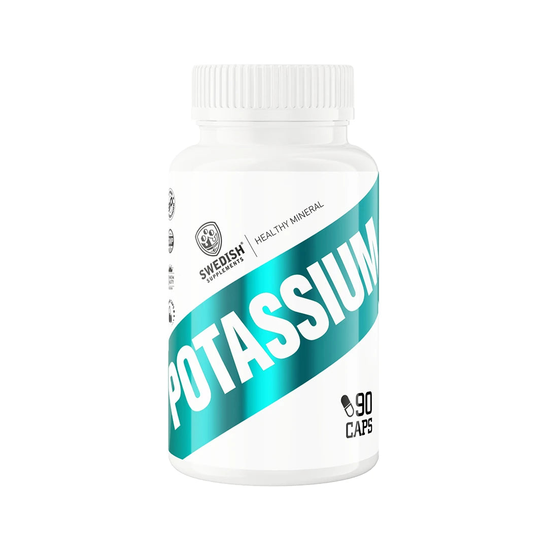 Swedish Supplements Potassium 90 caps valkoisessa purkissa, jossa on turkoosi raita ja selkeä teksti., kuva 1/1