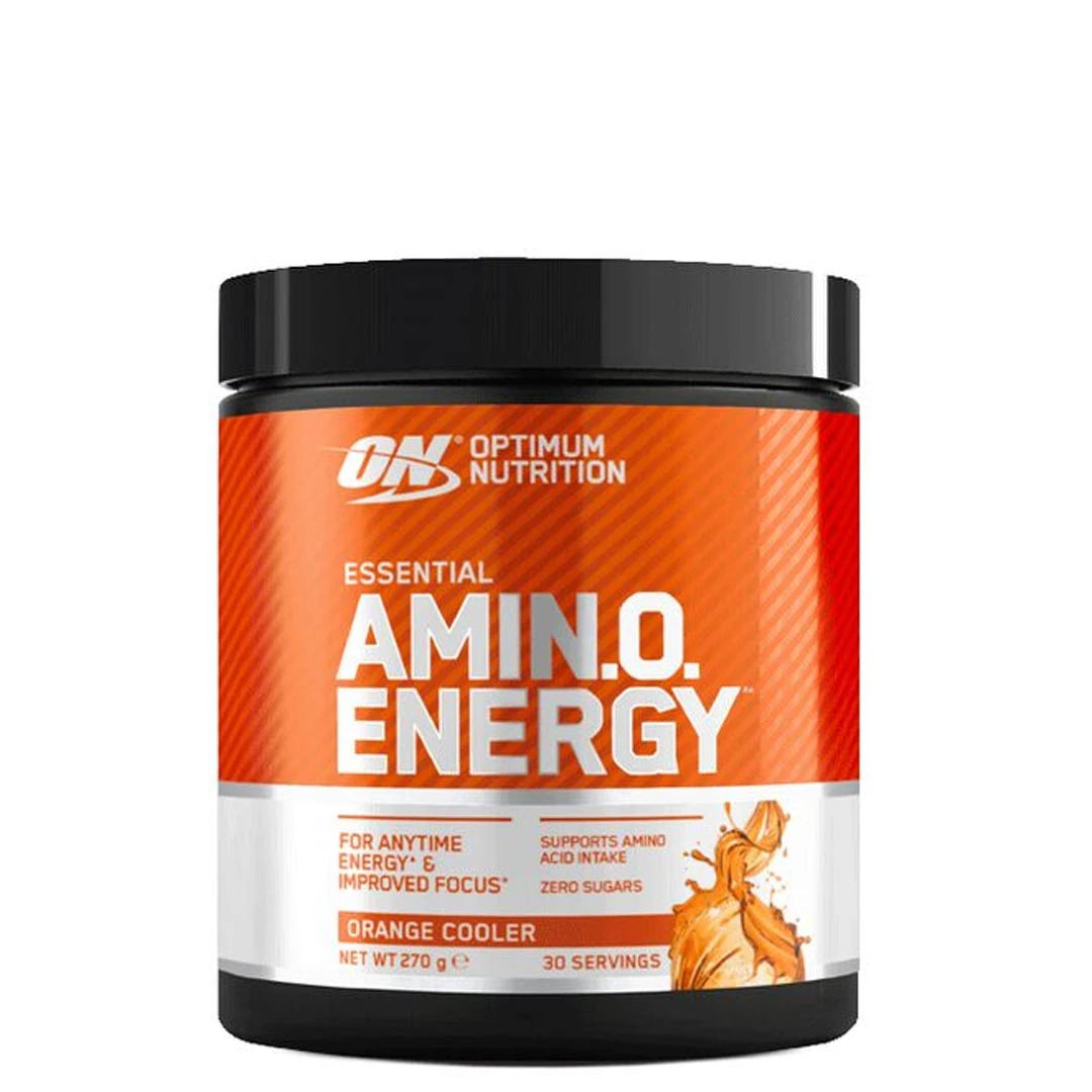 Optimum Nutrition Amino Energy 270 g -aminohappojauhe mustassa purkissa oranssilla etiketillä, makuna Orange Cooler., kuva 1/5