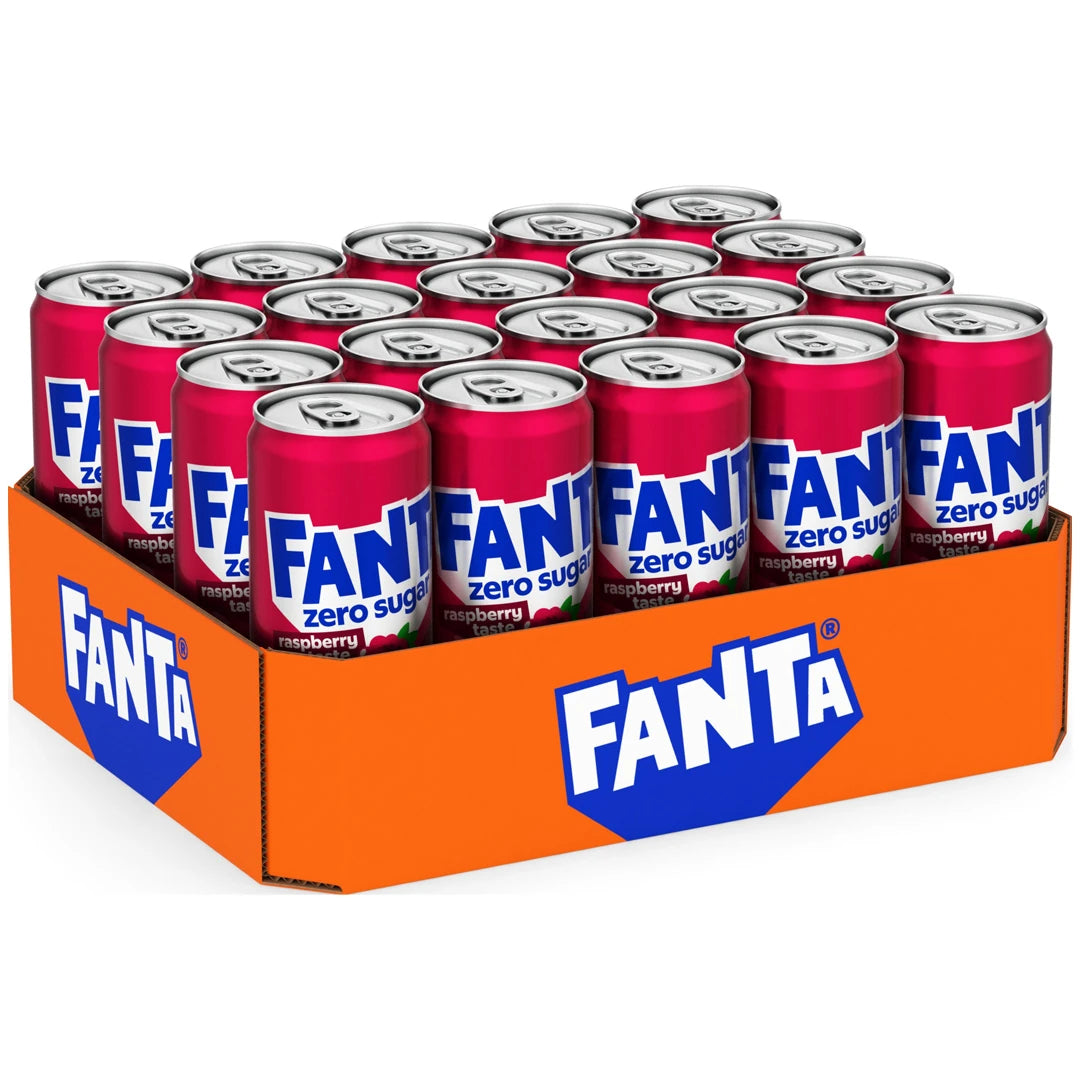 20 x Fanta Raspberry Zero 330 ml sokeriton virvoitusjuoma vaaleanpunaisissa tölkeissä oranssilla lavalla Coca Colalta.
