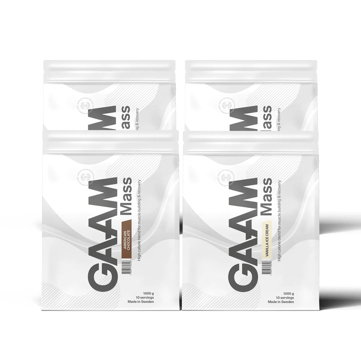 4 x GAAM 100% MASS Premium 1 kg -gainer valkoisissa pusseissa mustilla yksityiskohdilla, useita eri makuja., kuva 1/1