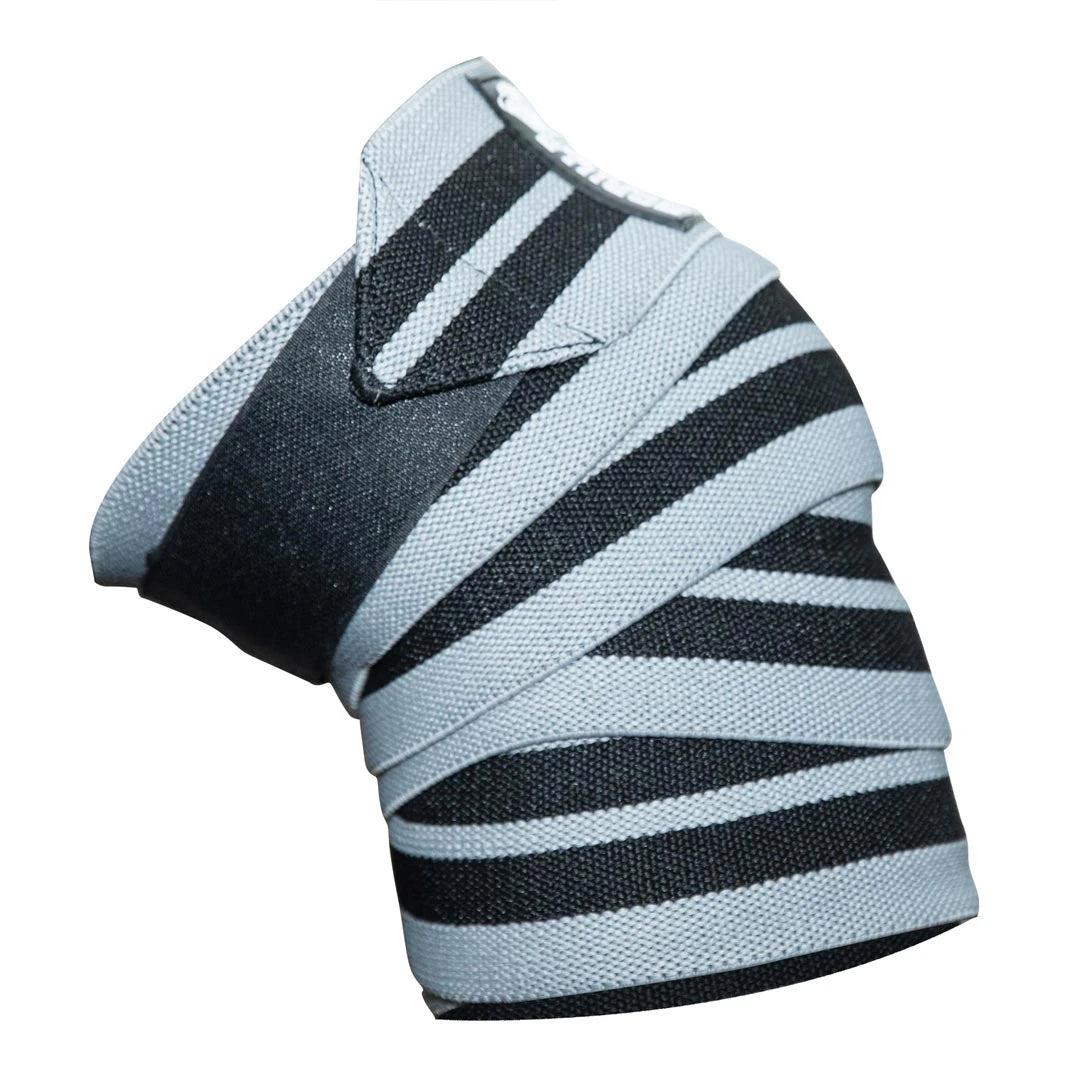 Gorilla Wear Knee Wraps 2.5 m, harmaa-mustaraidalliset polvisiteet tarrakiinnityksellä raskaisiin jalkaliikkeisiin., kuva 1/1