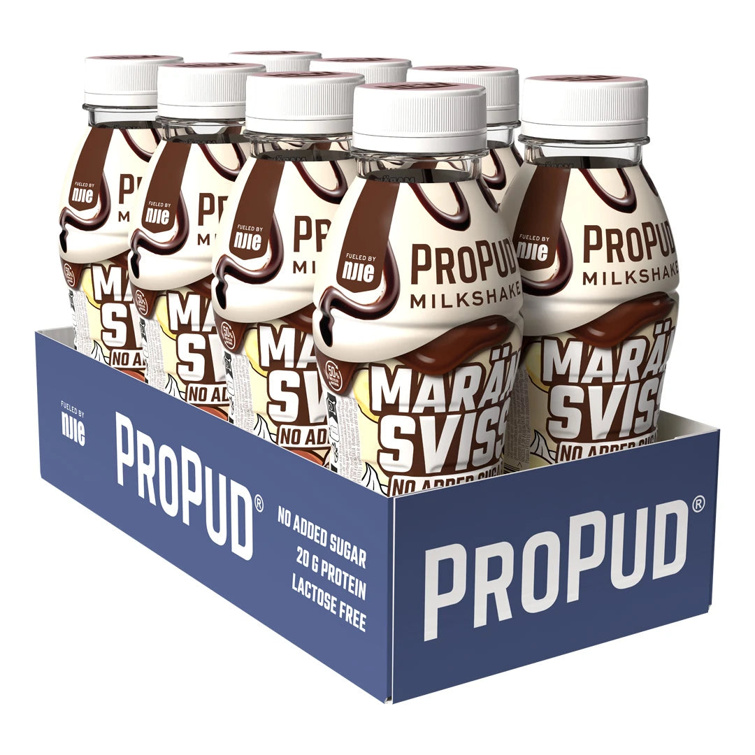 8 x NJIE ProPud Protein Milkshake 330 ml Marängsviss sinisessä laatikossa olevia valkoisia pulloja suklaakastikkeella., kuva 1/1