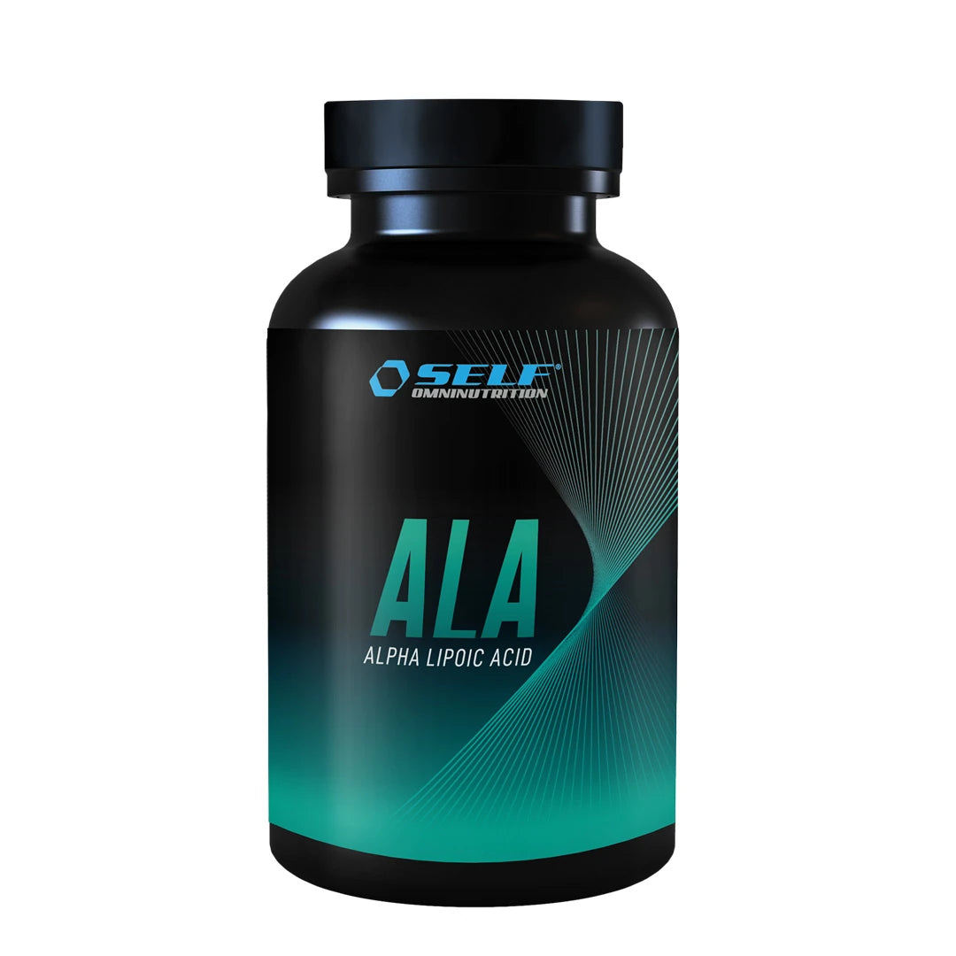Self Omninutrition ALA 90 caps mustassa purkissa, jossa on tumma etiketti ja turkooseja yksityiskohtia., kuva 1/1
