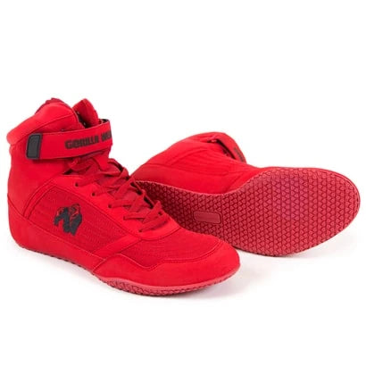 Gorilla Wear High Tops red -punaiset painonnostokengät mustalla logolla, joista toisen litteä pohja on näkyvillä., kuva 3/12