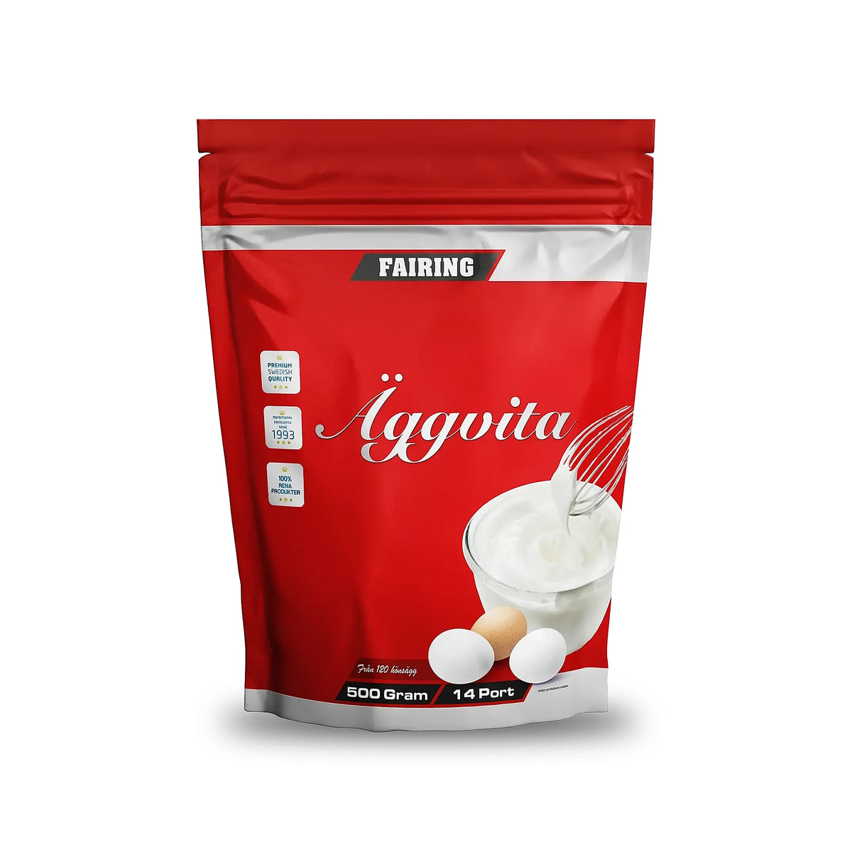Fairing Äggvita 500 g -proteiininjauhe valkoisessa purkissa, jonka punaisessa etiketissä on vatkattua munanvalkuaista ja kananmunia., kuva 1/1