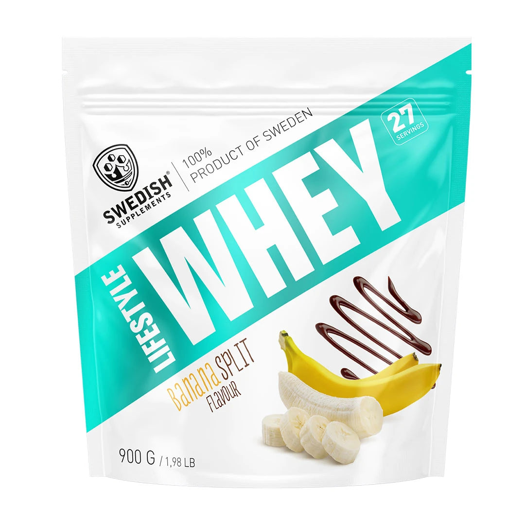 Swedish Supplements Lifestyle Whey 900 g -proteiinijauhe valkoisessa pussissa turkoosein yksityiskohdin ja banaanikuvituksella, makuna Banana Split., kuva 1/7