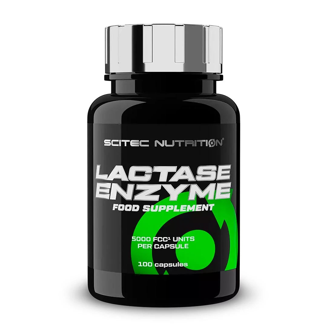 Scitec Nutrition Lactase Enzyme 100 caps mustassa purkissa, jossa on hopeinen kansi ja vihreitä yksityiskohtia etiketissä., kuva 1/1
