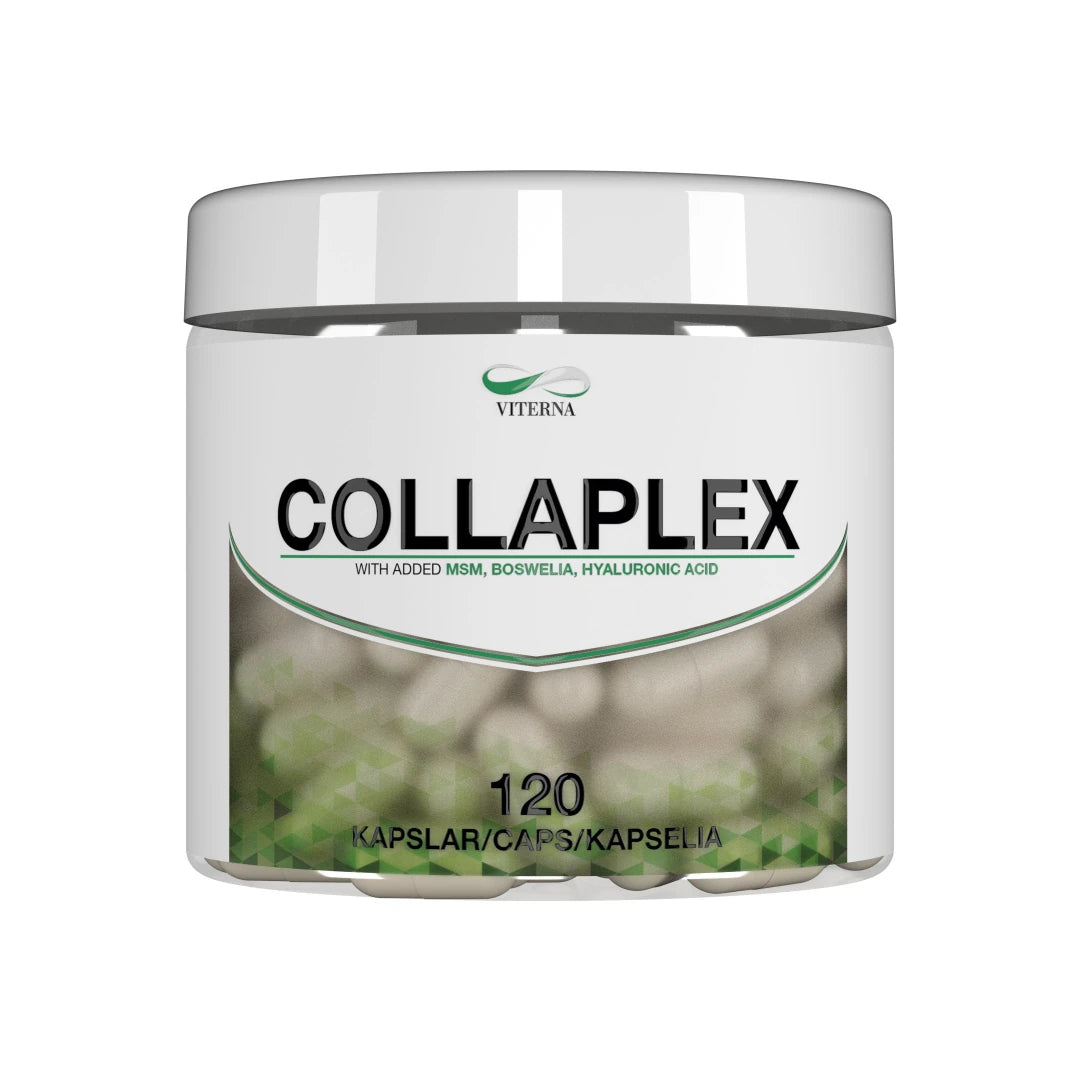 Viterna Collaplex 120 caps -kollageenilisä valkoisessa purkissa, jossa on vihreitä yksityiskohtia ja näkyviä kapseleita., kuva 1/1