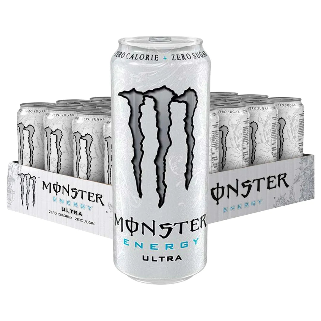 24 x Monster Energy 500 ml Ultra White (sockerfri) harmaassa laatikossa, jossa on valkoisia tölkkejä tunnetulla mustalla m-logolla., kuva 1/1