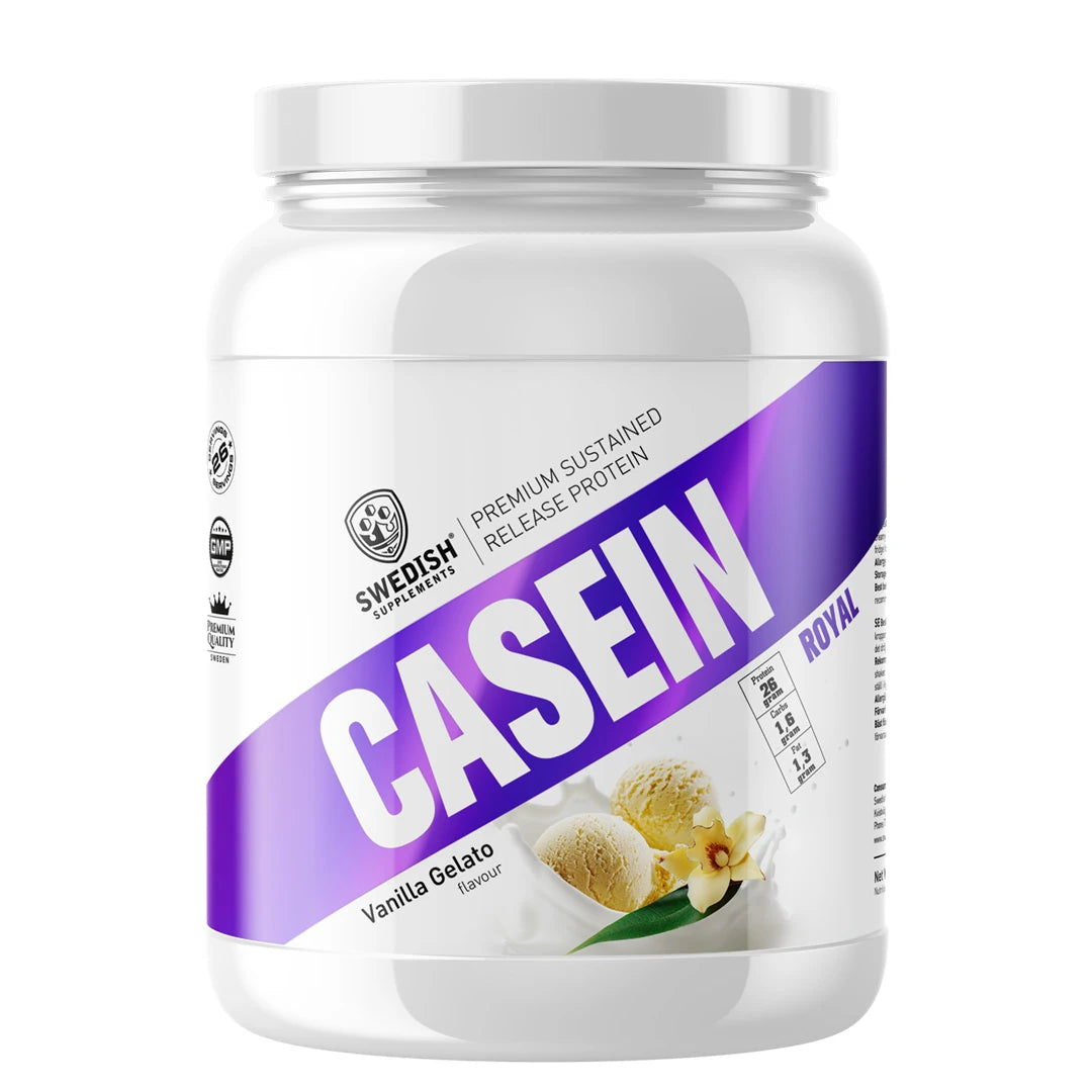 Swedish Supplements Slow Casein 900 g -kaseiiniproteiini valkoisessa purkissa liloilla yksityiskohdilla, makuna Vanilla Gelato Cream., kuva 2/3