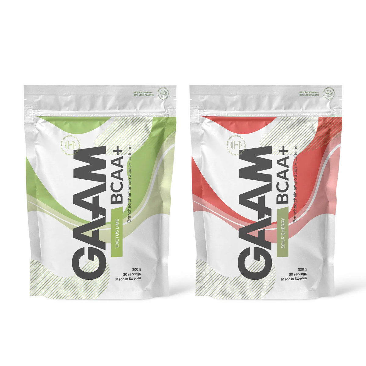 2 x GAAM BCAA + Caffeine 300 g valkoisissa pusseissa vihrein ja punaisin yksityiskohdin, makuina Cactus Lime ja Sour Cherry., kuva 1/1